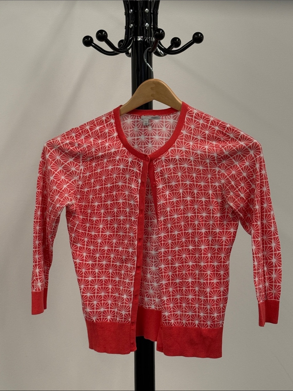 Halogen Red and White Geometric Pattern Cardigan
